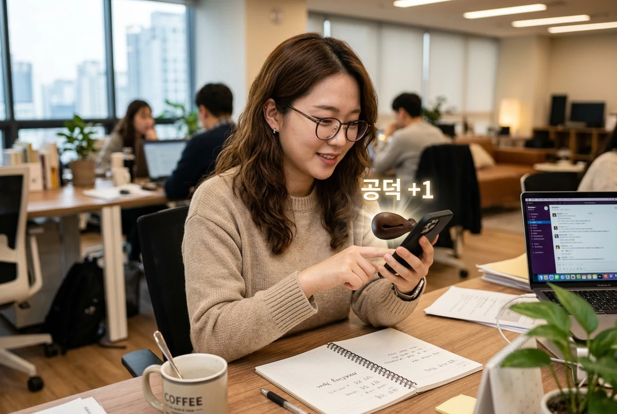 사무실에서 스마트폰으로 전자 목탁을 두드리며 공덕을 쌓는 직장인의 모습